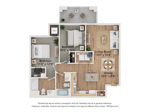 Floor plan for 2 beds, 2 baths, 925 sqft